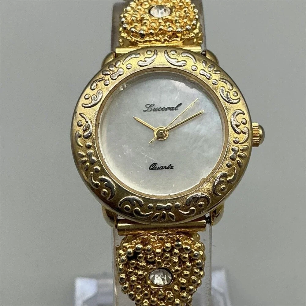 Vintage Lucoral Womens Watch 26mm White Dial Gold Tone Crystals Bracelet 7.75